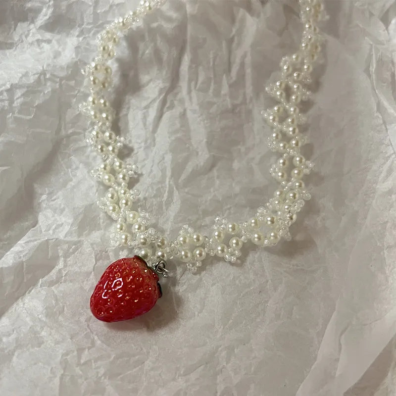 Pearl Strawberry Pendant Choker Necklace Valentine'S Day