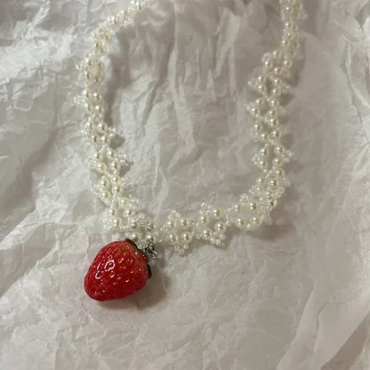 Pearl Strawberry Pendant Choker Necklace Valentine'S Day