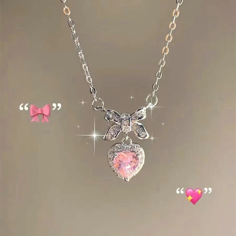Pink Heart Planet Zircon Pendant Necklace Valentine'S Day