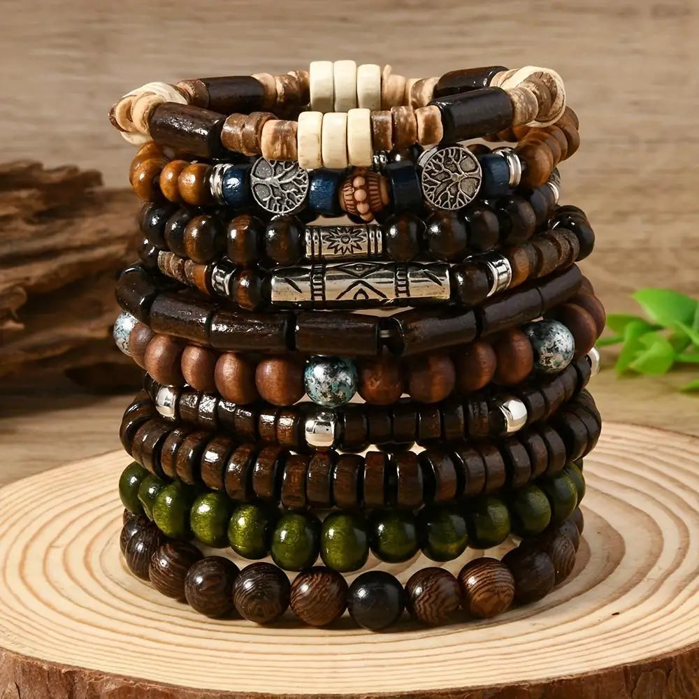 10Pcs Wood Beaded Strand Bracelets Set Valentines Gifts For Him