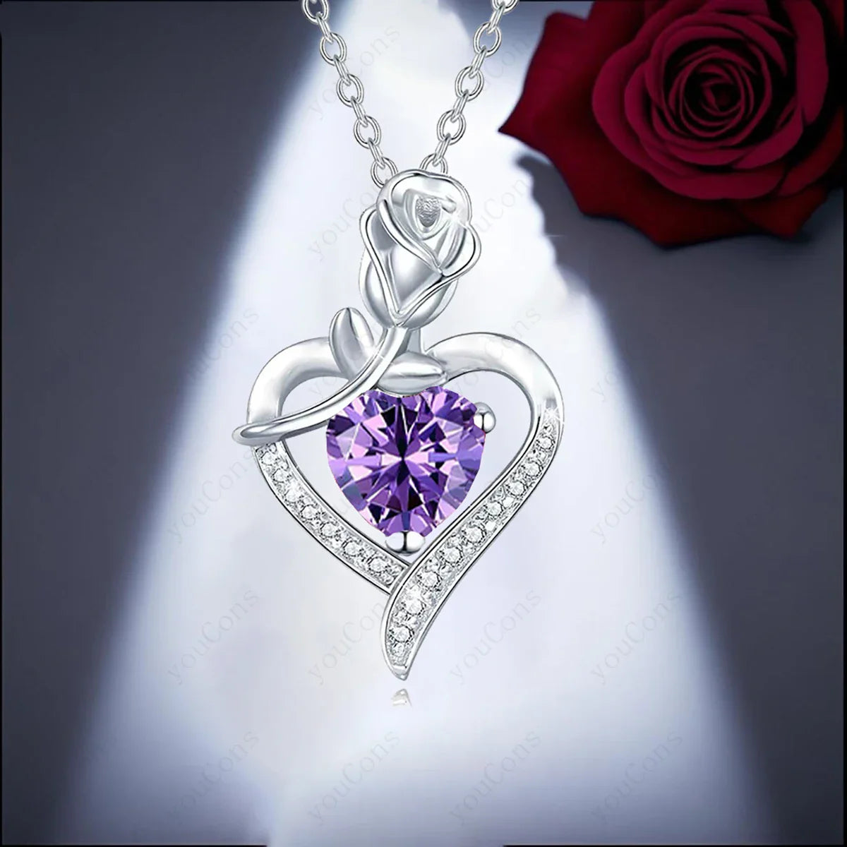 Purple Zircon Heart Pendant Necklace Valentine'S Day Gift Set
