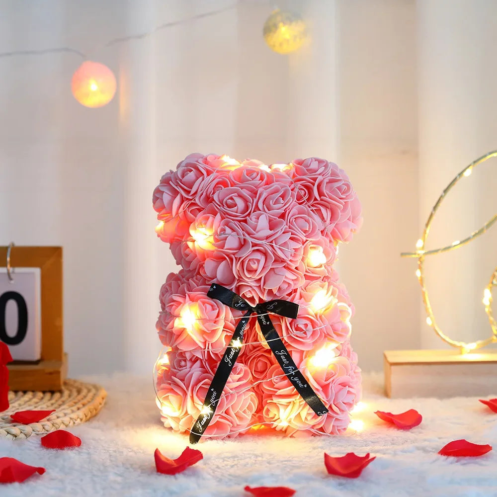 25Cm Rose Bear With Gift Box And Warm Lights