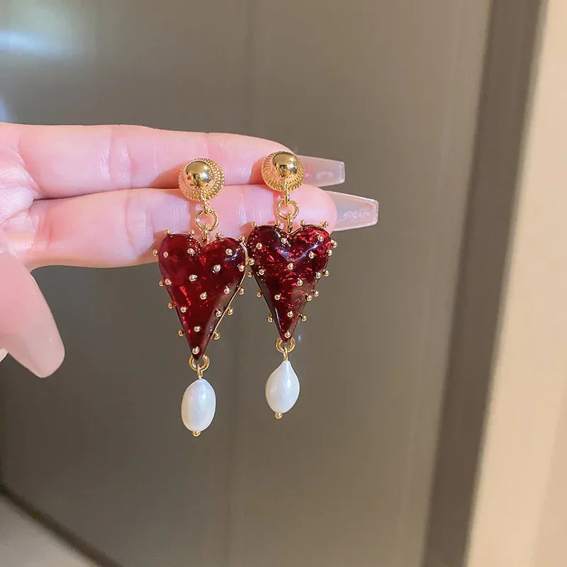 Valentines Gifts For Her Red Heart Pearl Drop Earrings Women