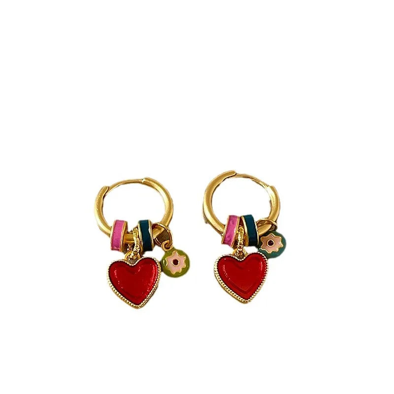 Gold Plated Hoop Earrings With Enamel Heart Charms Valentines Gifts For Her