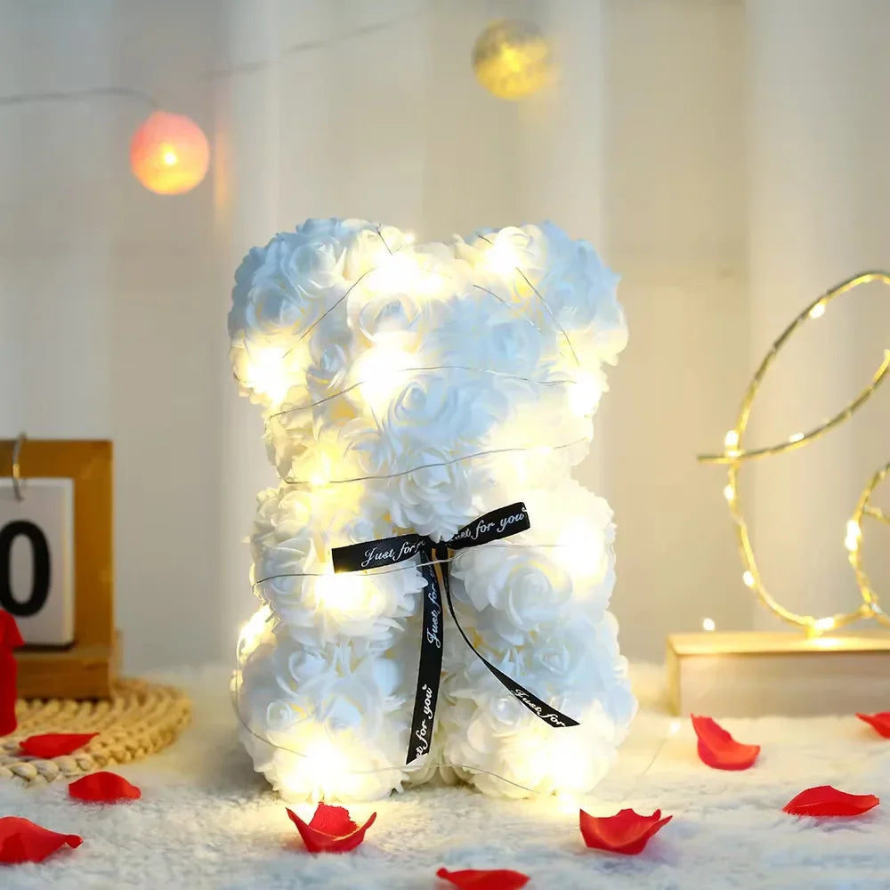 25Cm Rose Bear With Gift Box And Warm Lights