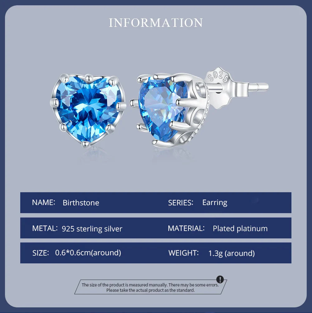 Valentines Gifts For Her Sterling Silver Heart Birthstone Stud Earrings
