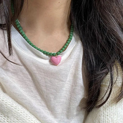 Vintage Green Beaded Pink Heart Necklace Valentine'S Day