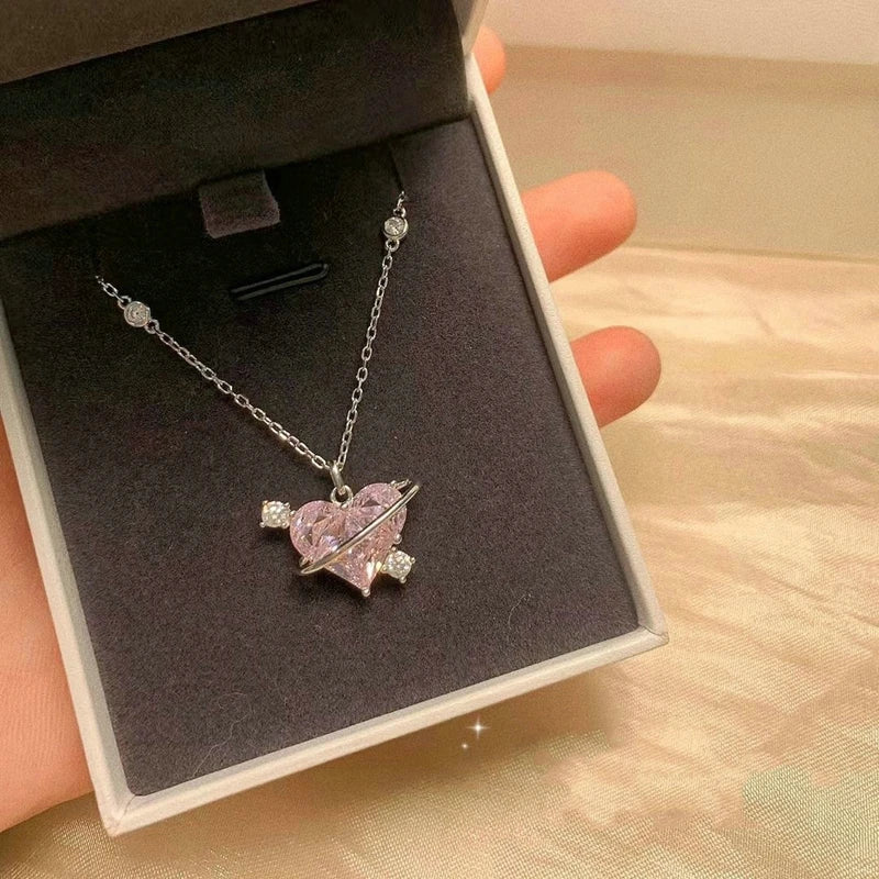 Pink Heart Planet Zircon Pendant Necklace Valentine'S Day