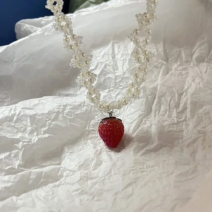 Pearl Strawberry Pendant Choker Necklace Valentine'S Day