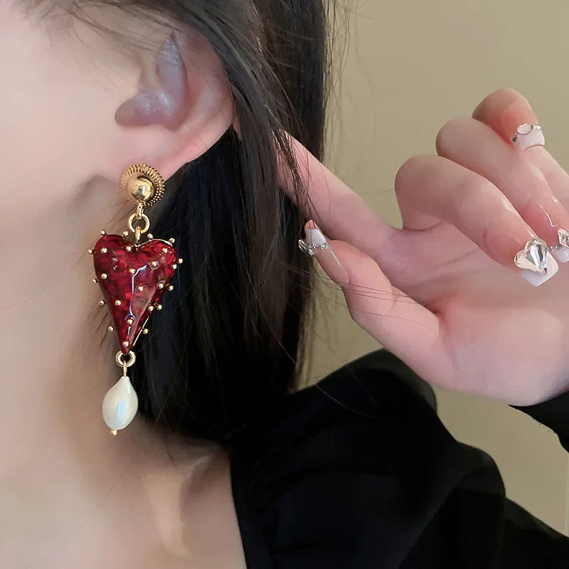 Valentines Gifts For Her Red Heart Pearl Drop Earrings Women