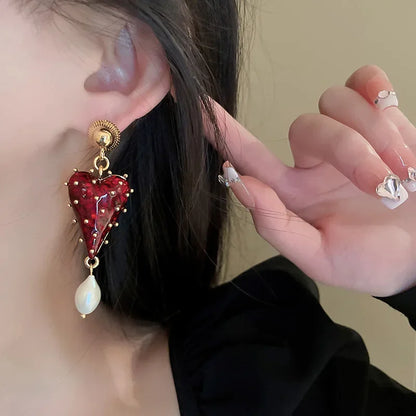 Valentines Gifts For Her Red Heart Pearl Drop Earrings Women