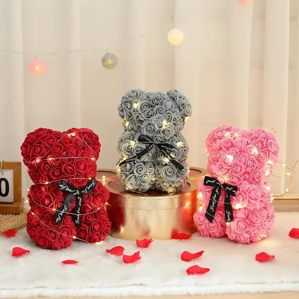 25Cm Rose Bear With Gift Box And Warm Lights