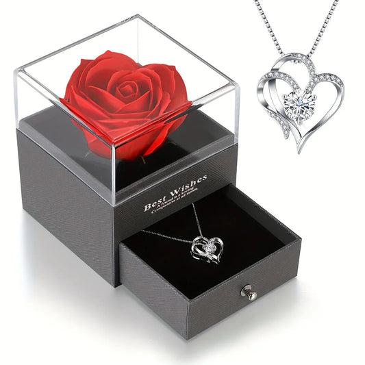 Rose Gift Box With Heart Pendant Necklace Valentine'S Day