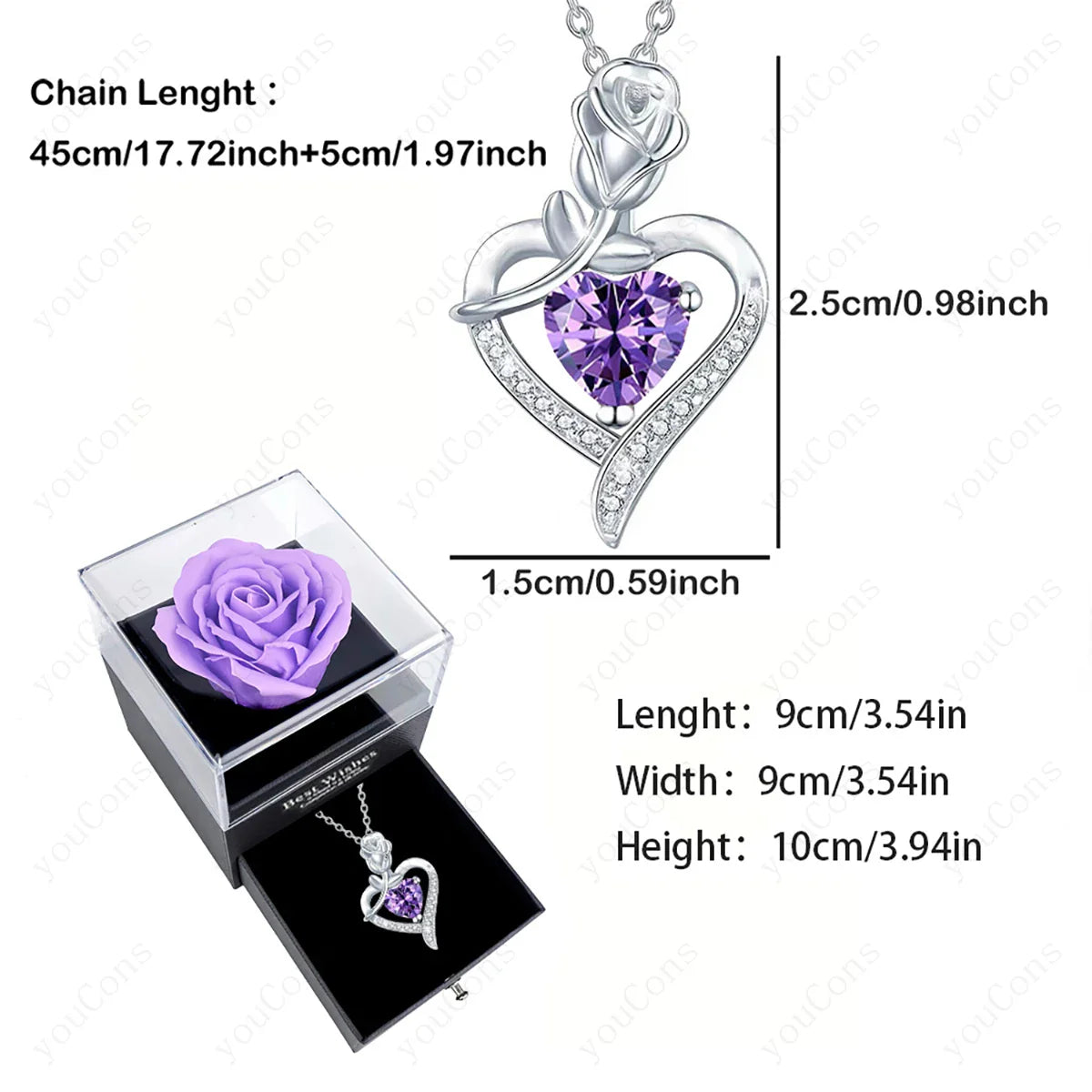 Purple Zircon Heart Pendant Necklace Valentine'S Day Gift Set