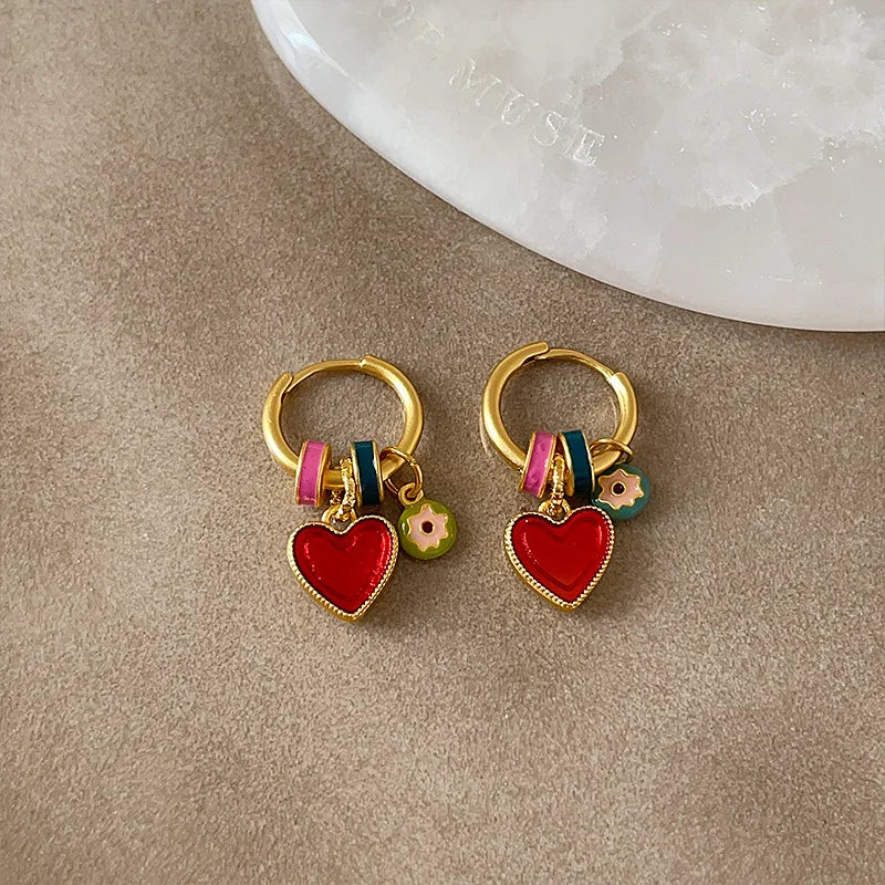 Gold Plated Hoop Earrings With Enamel Heart Charms Valentines Gifts For Her