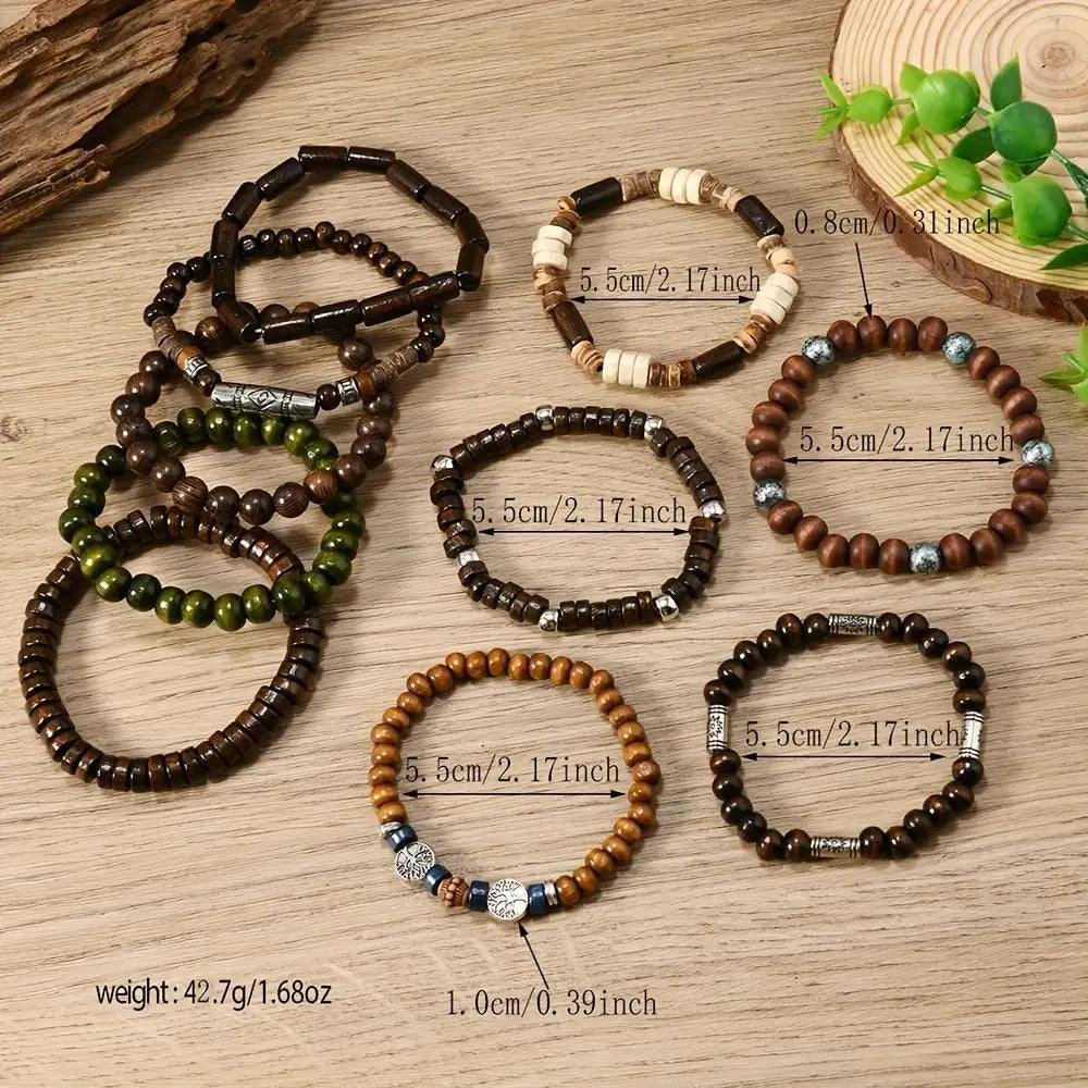 10Pcs Wood Beaded Strand Bracelets Set Valentines Gifts For Him