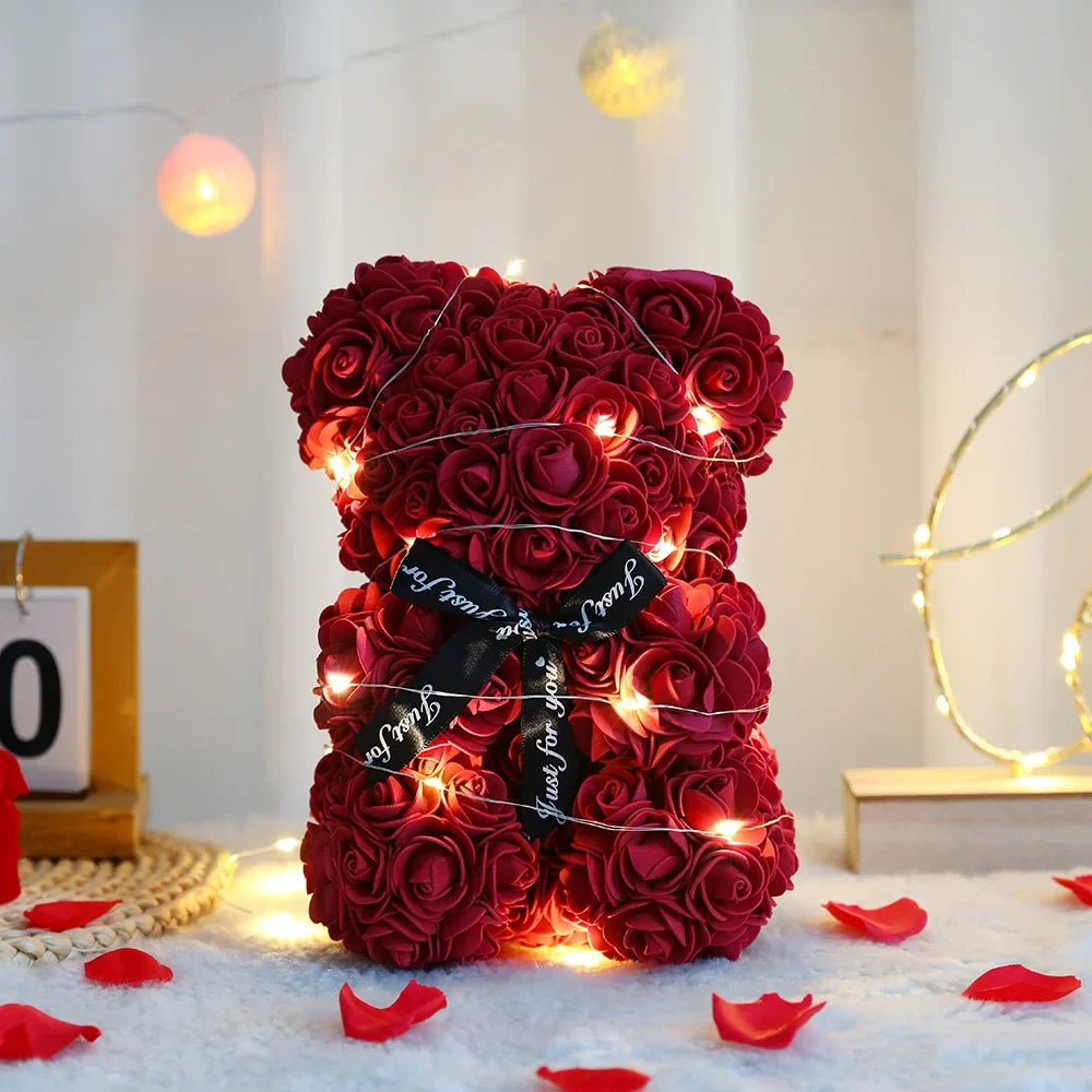 25Cm Rose Bear With Gift Box And Warm Lights