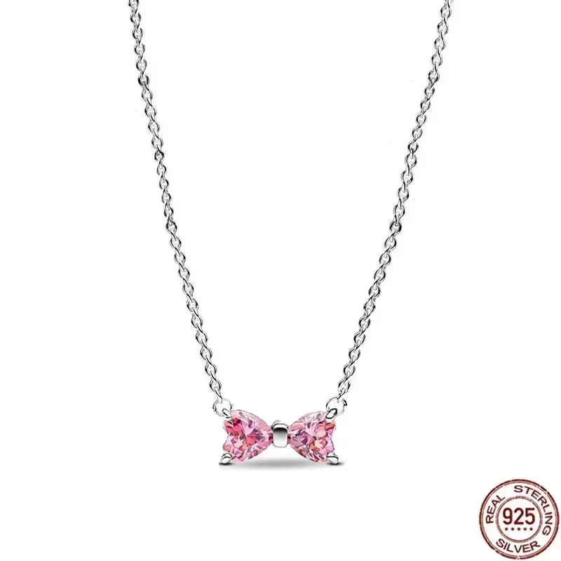 925 Sterling Silver Heart Bowknot Pendant Necklace Valentine'S Day