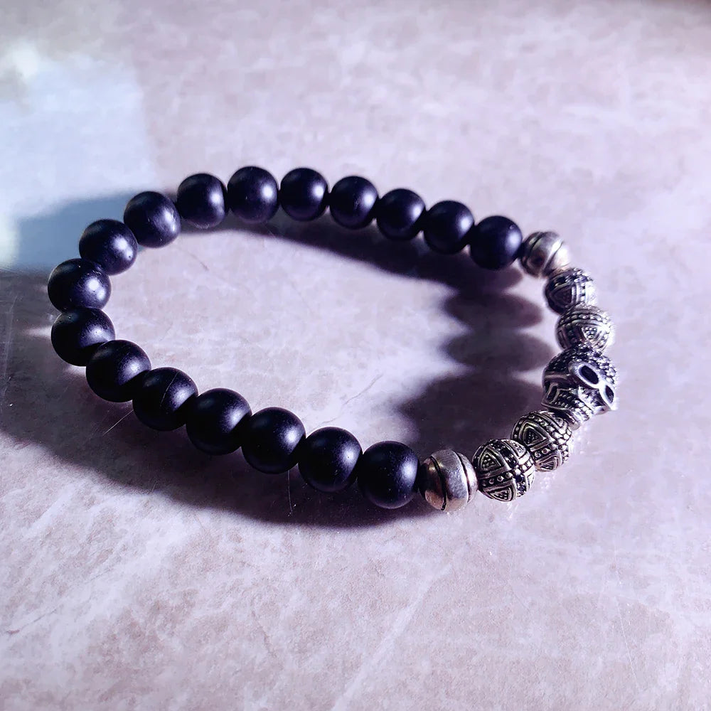 Valentines Gifts For Him Skull Cross Obsidian Bead Bracelet 925 Silver