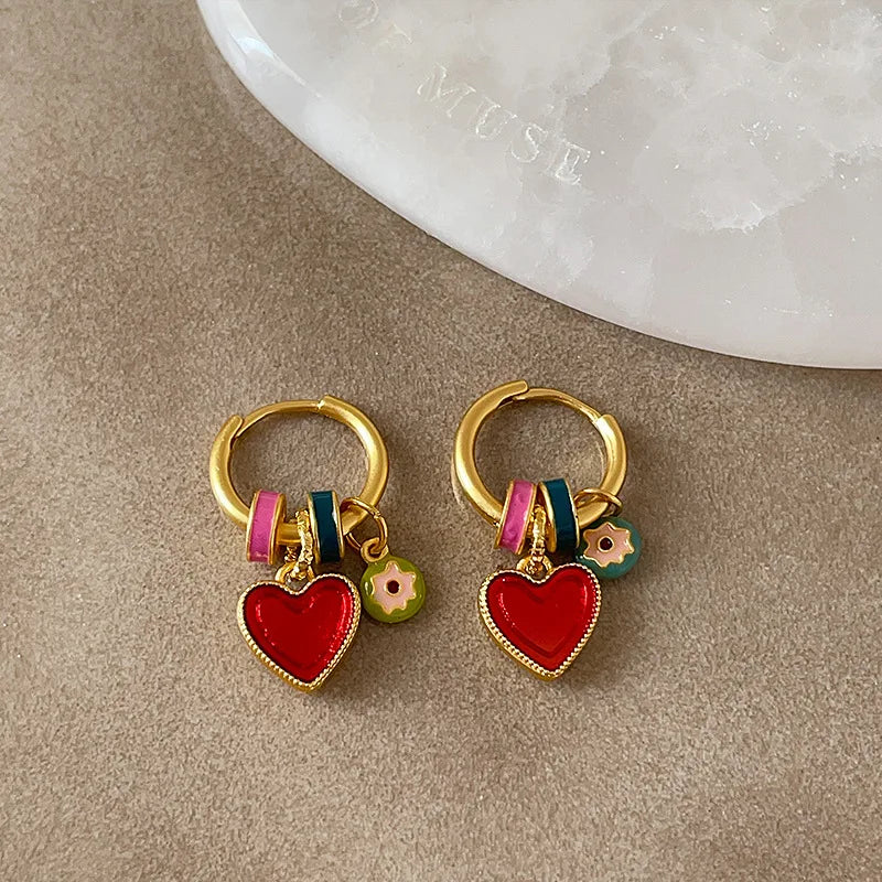 Gold Plated Hoop Earrings With Enamel Heart Charms Valentines Gifts For Her