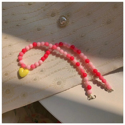 Vintage Green Beaded Pink Heart Necklace Valentine'S Day