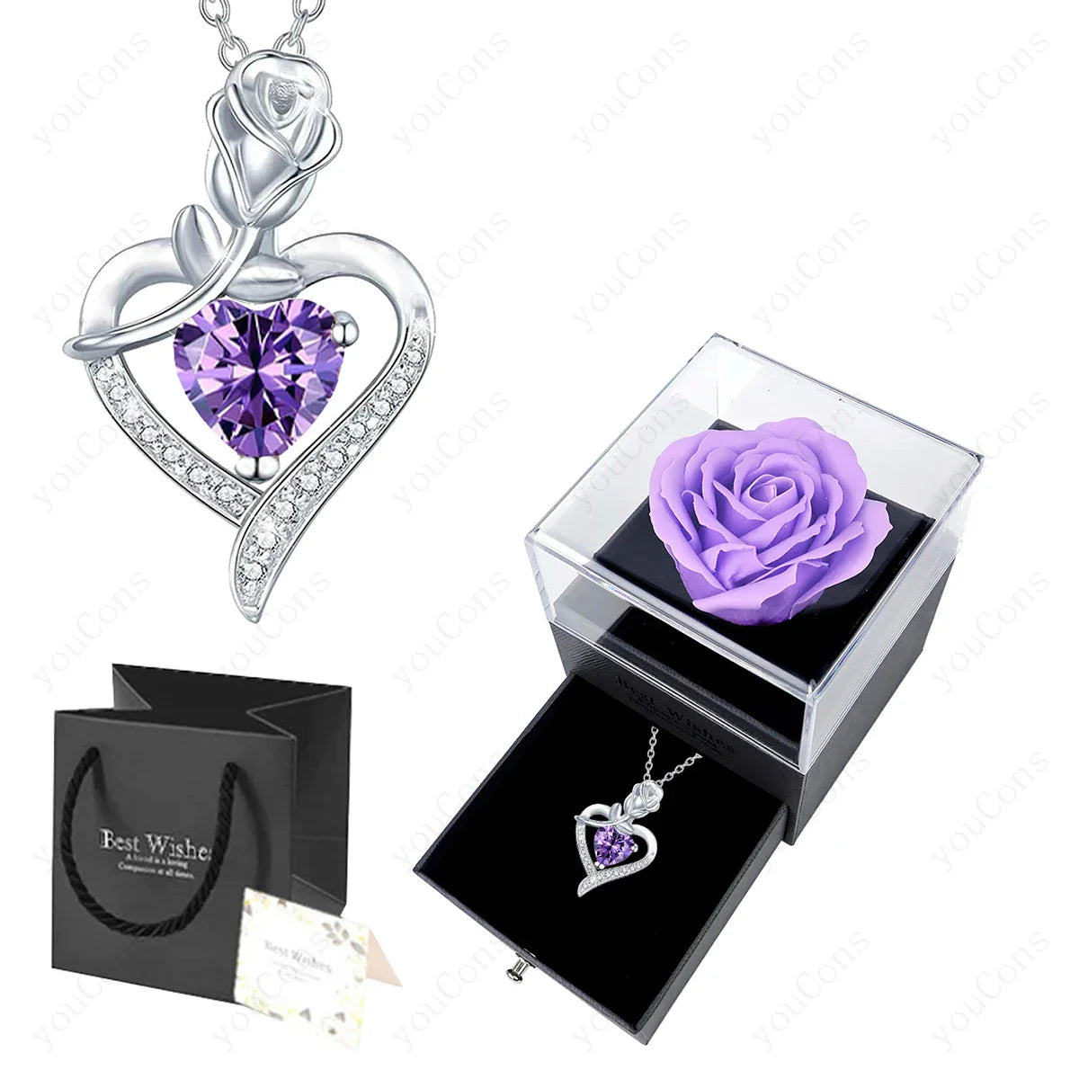 Purple Zircon Heart Pendant Necklace Valentine'S Day Gift Set