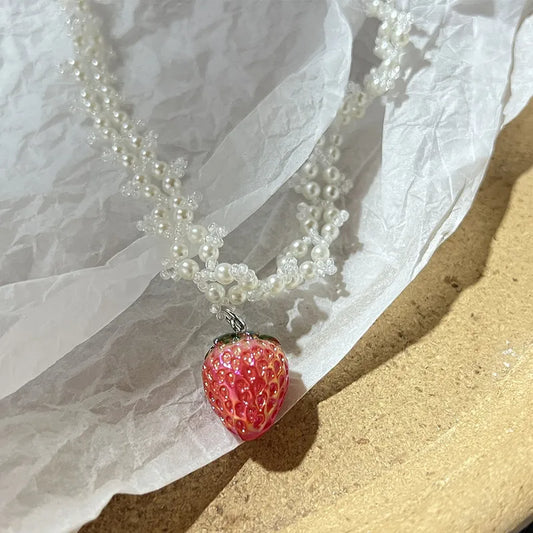 Pearl Strawberry Pendant Choker Necklace Valentine'S Day