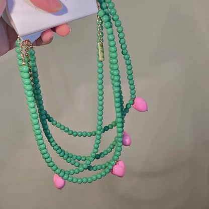 Vintage Green Beaded Pink Heart Necklace Valentine'S Day