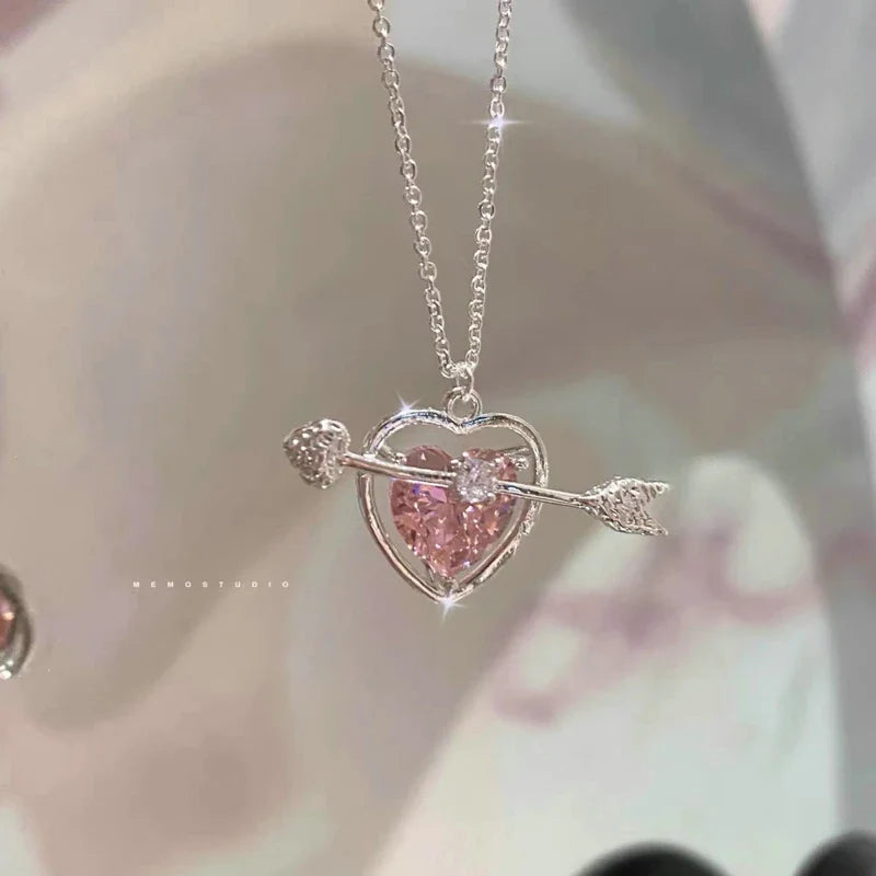Pink Heart Planet Zircon Pendant Necklace Valentine'S Day