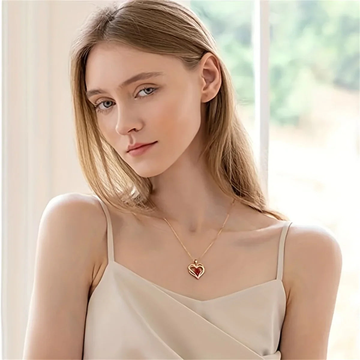 Luxury Heart Red Zircon Pendant Necklace Valentine'S Day Gift Set