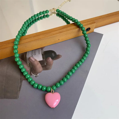 Vintage Green Beaded Pink Heart Necklace Valentine'S Day