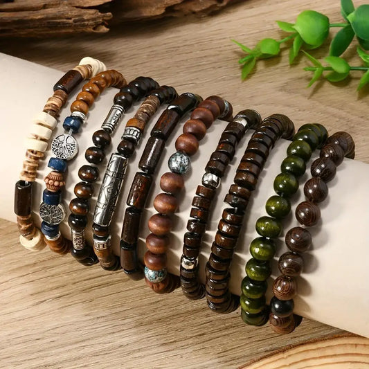 10Pcs Wood Beaded Strand Bracelets Set Valentines Gifts For Him