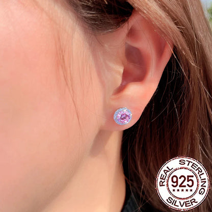 Valentines Gifts For Her 925 Silver Pink Zircon Heart Stud Earrings