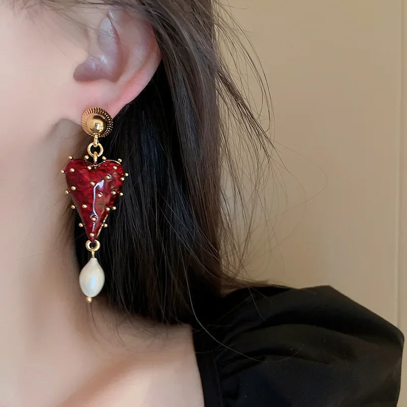 Valentines Gifts For Her Red Heart Pearl Drop Earrings Women