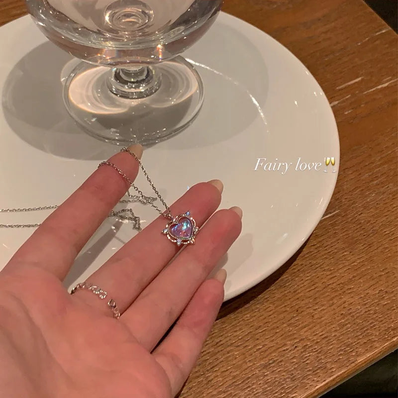 Pink Heart Planet Zircon Pendant Necklace Valentine'S Day