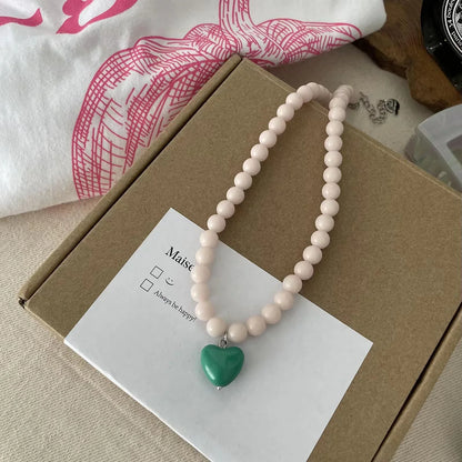 Vintage Green Beaded Pink Heart Necklace Valentine'S Day