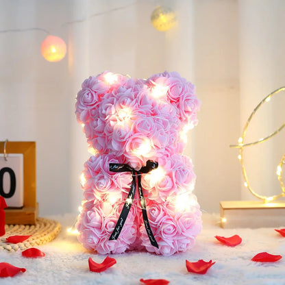 25Cm Rose Bear With Gift Box And Warm Lights