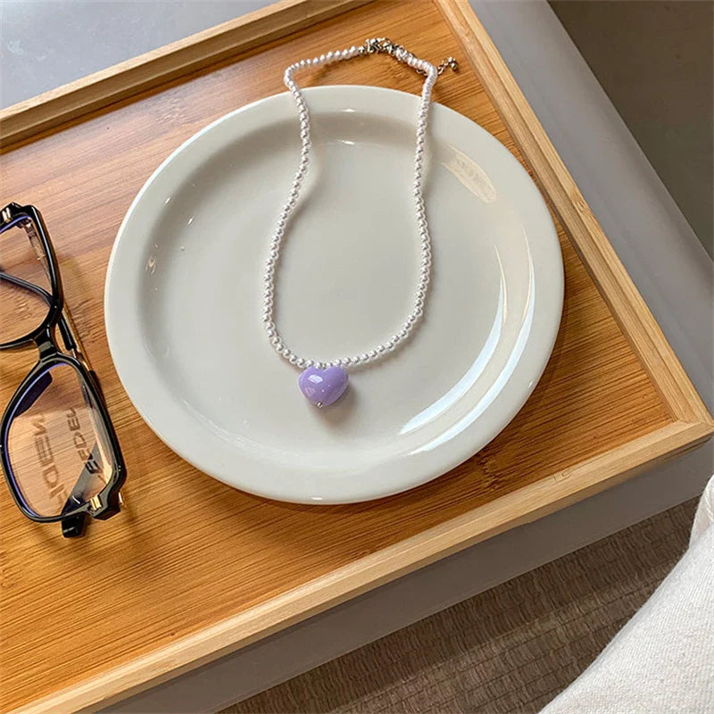 Vintage Green Beaded Pink Heart Necklace Valentine'S Day