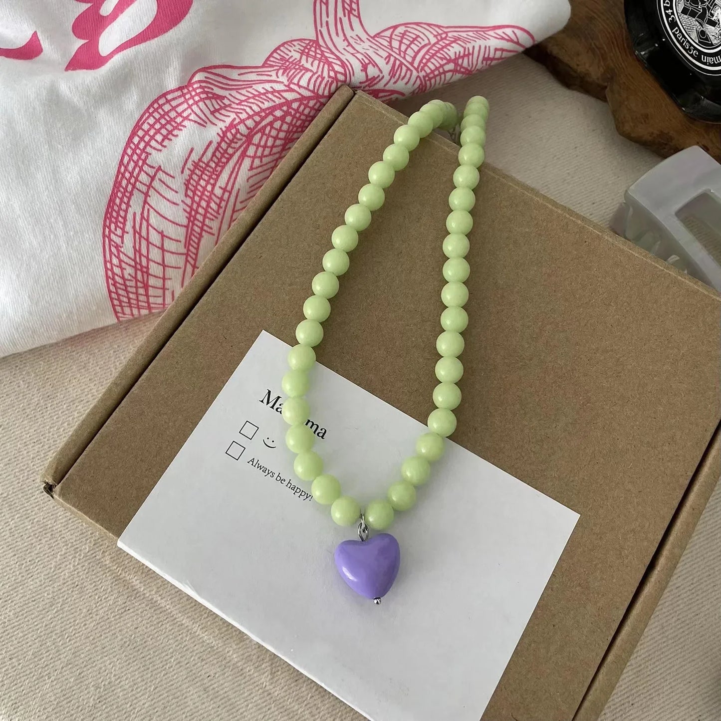 Vintage Green Beaded Pink Heart Necklace Valentine'S Day