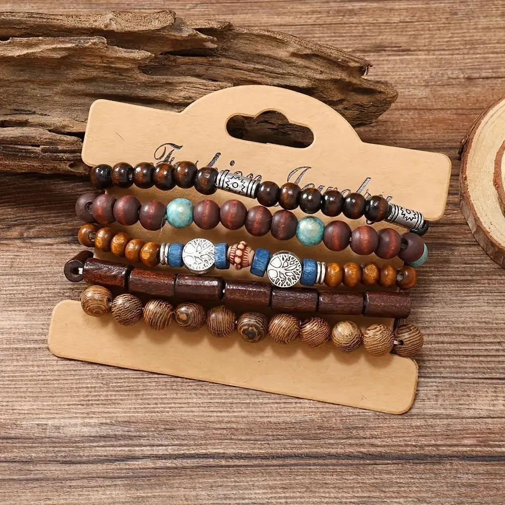 10Pcs Wood Beaded Strand Bracelets Set Valentines Gifts For Him
