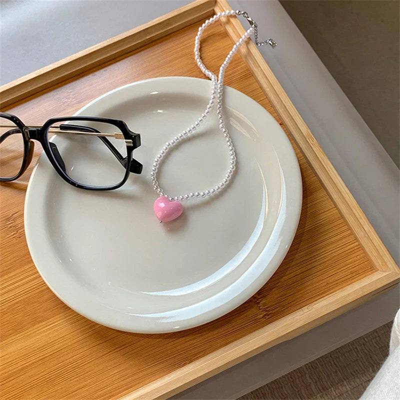 Vintage Green Beaded Pink Heart Necklace Valentine'S Day