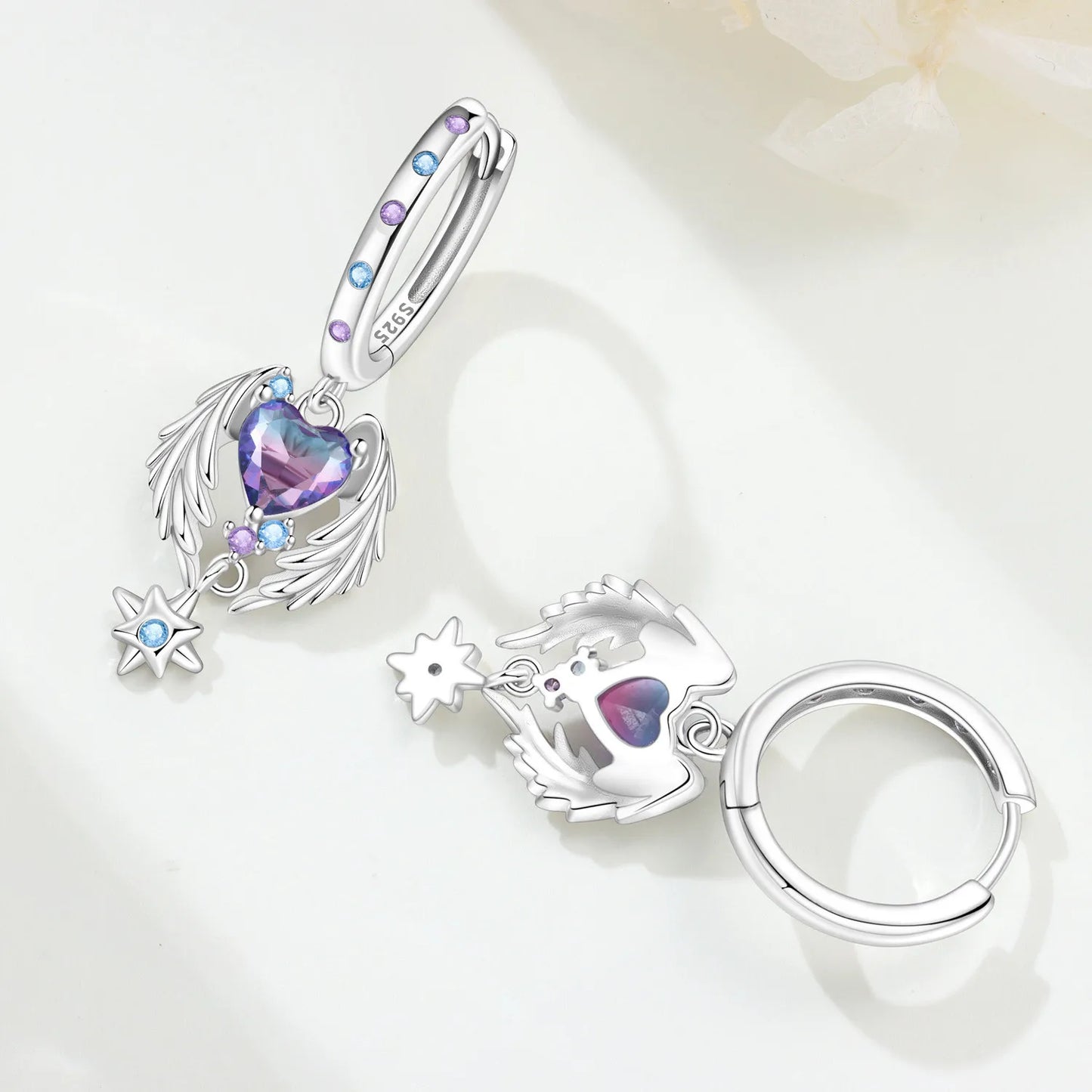 Valentines Gifts For Her 925 Silver Heart Wing Drop Earrings