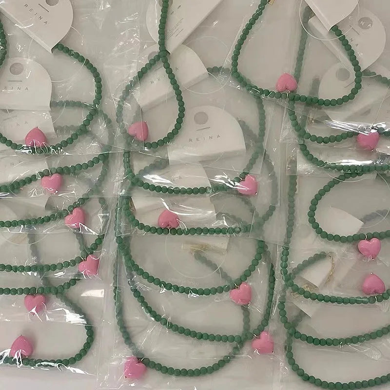 Vintage Green Beaded Pink Heart Necklace Valentine'S Day