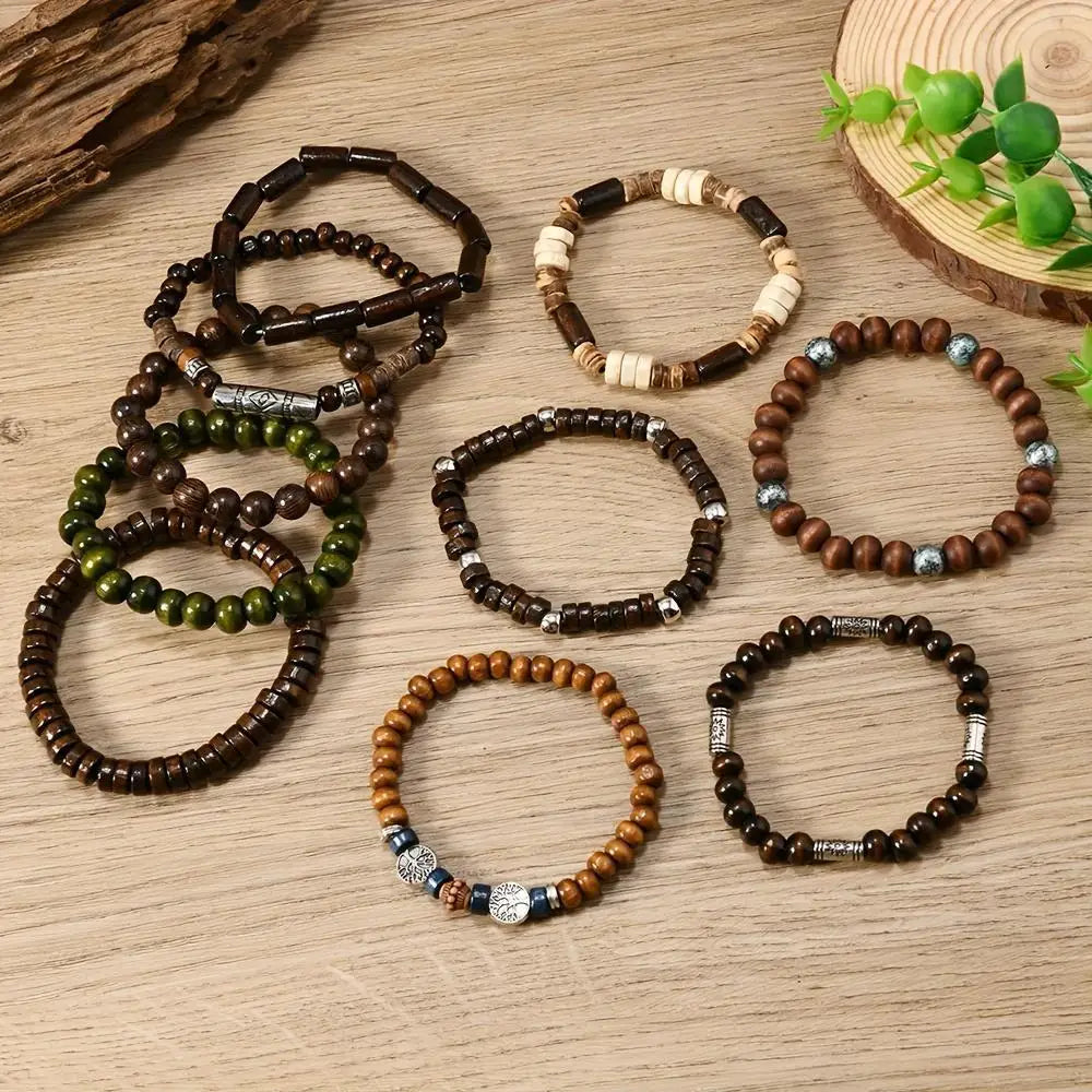 10Pcs Wood Beaded Strand Bracelets Set Valentines Gifts For Him