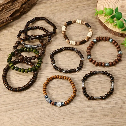 10Pcs Wood Beaded Strand Bracelets Set Valentines Gifts For Him