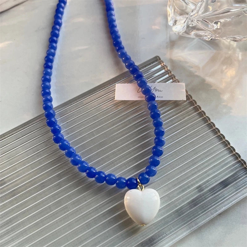 Vintage Green Beaded Pink Heart Necklace Valentine'S Day