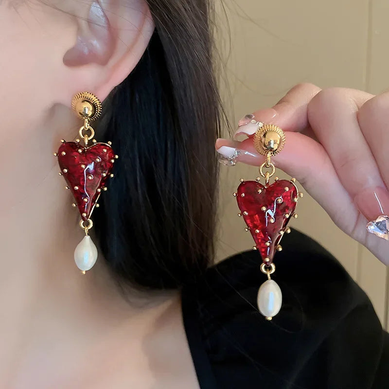 Valentines Gifts For Her Red Heart Pearl Drop Earrings Women