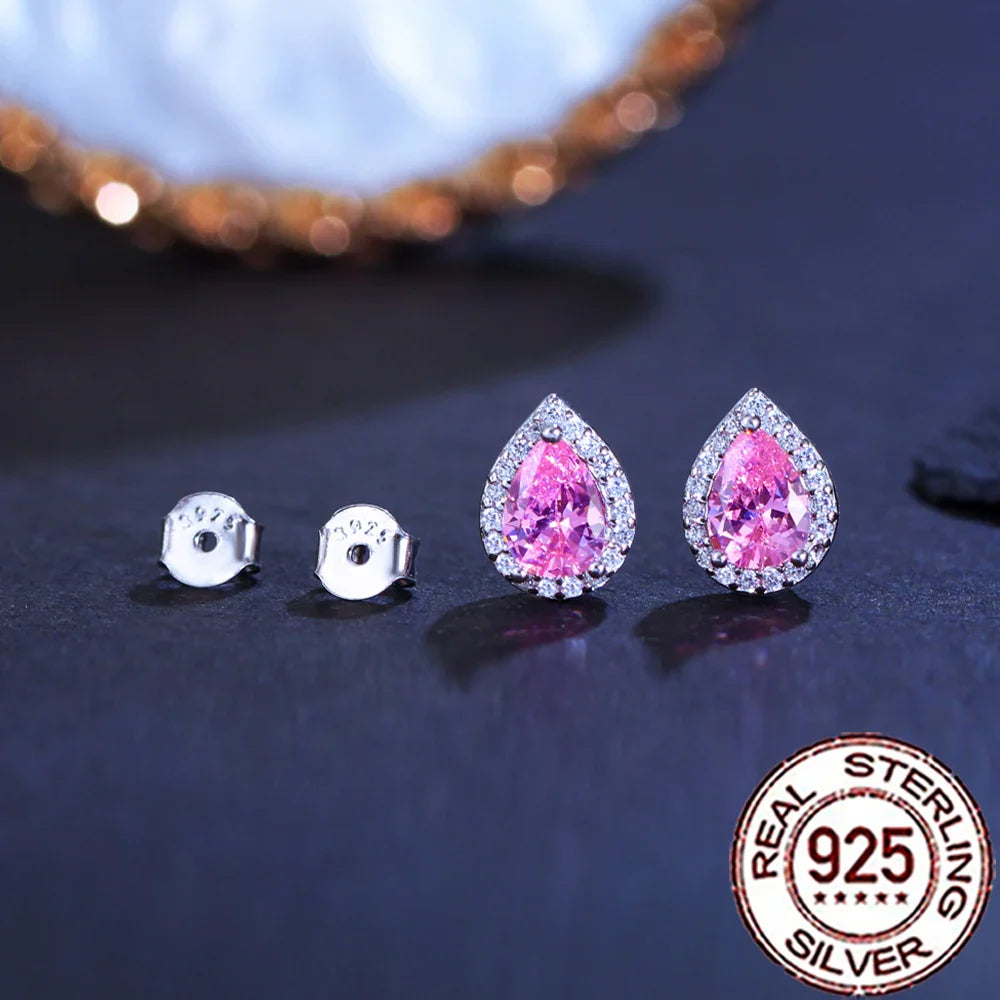 Valentines Gifts For Her 925 Silver Pink Zircon Heart Stud Earrings