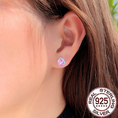 Valentines Gifts For Her 925 Silver Pink Zircon Heart Stud Earrings