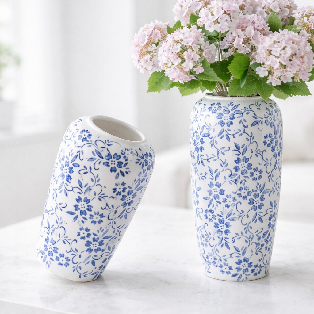 Set of 2 Blue Floral Ceramic Vases